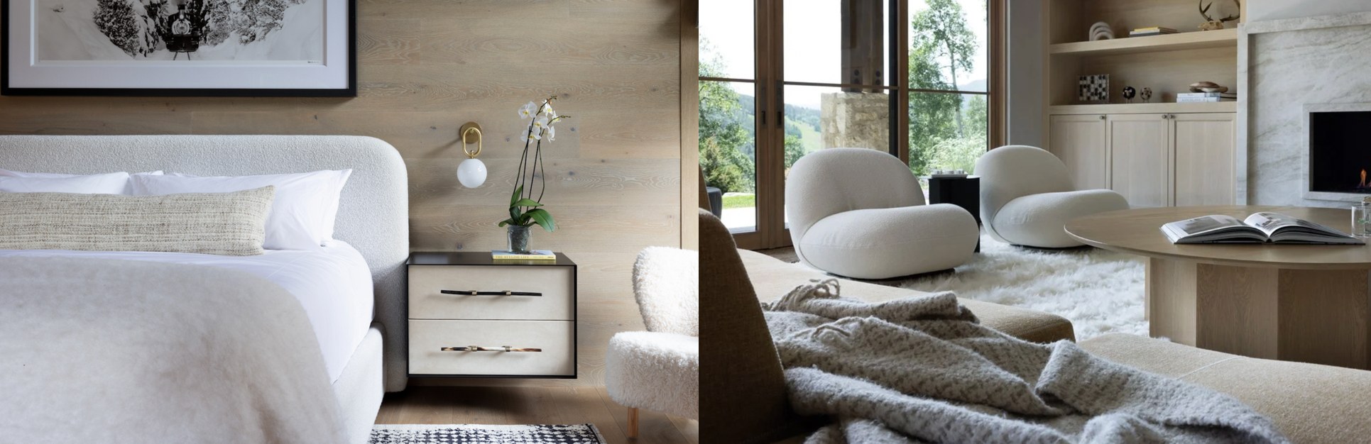 Minimal modern bedroom with cream textiles, wood paneling and mountain views
